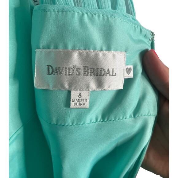 David's Bridal turquoise blue one shoulder asymmetrical gown pleated drape sz 8 - Picture 8 of 8